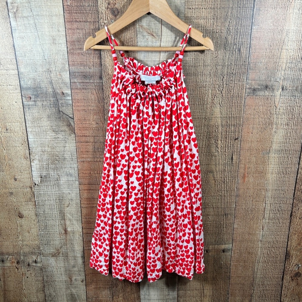 Stella McCartney Kids Heart Print Dress Beaded Strap Pocket Pink Red 4Y 4T